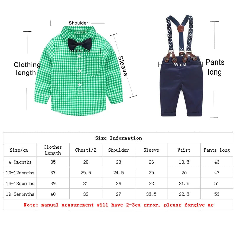 2017 fashion kids clothes  grid shirt + suspender newborn Long sleeve baby boy clothes Bowknot  gentleman suit free shipping