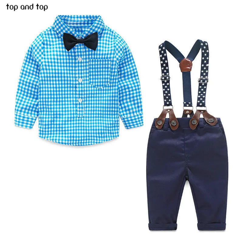 2017 fashion kids clothes  grid shirt + suspender newborn Long sleeve baby boy clothes Bowknot  gentleman suit free shipping