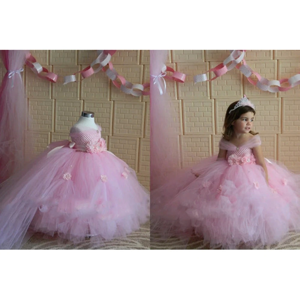 2-8Y Flower Girl Princess Dress Kid Party Pageant Wedding Bridesmaid Tutu Dresses Pink Lavender Kids Dress for Girls PT153