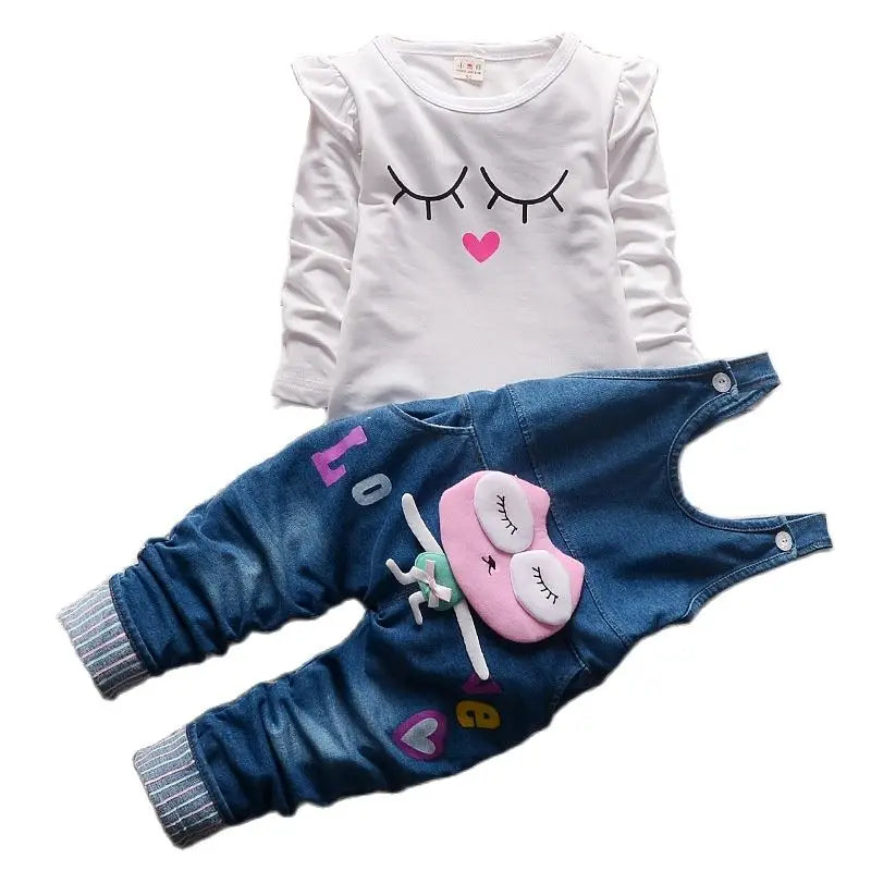 2023New Hot Spring Baby Girls Clothing Set Children Denim overalls jeans pants + Blouse Full Sleeve Twinset Kids Clothes Set