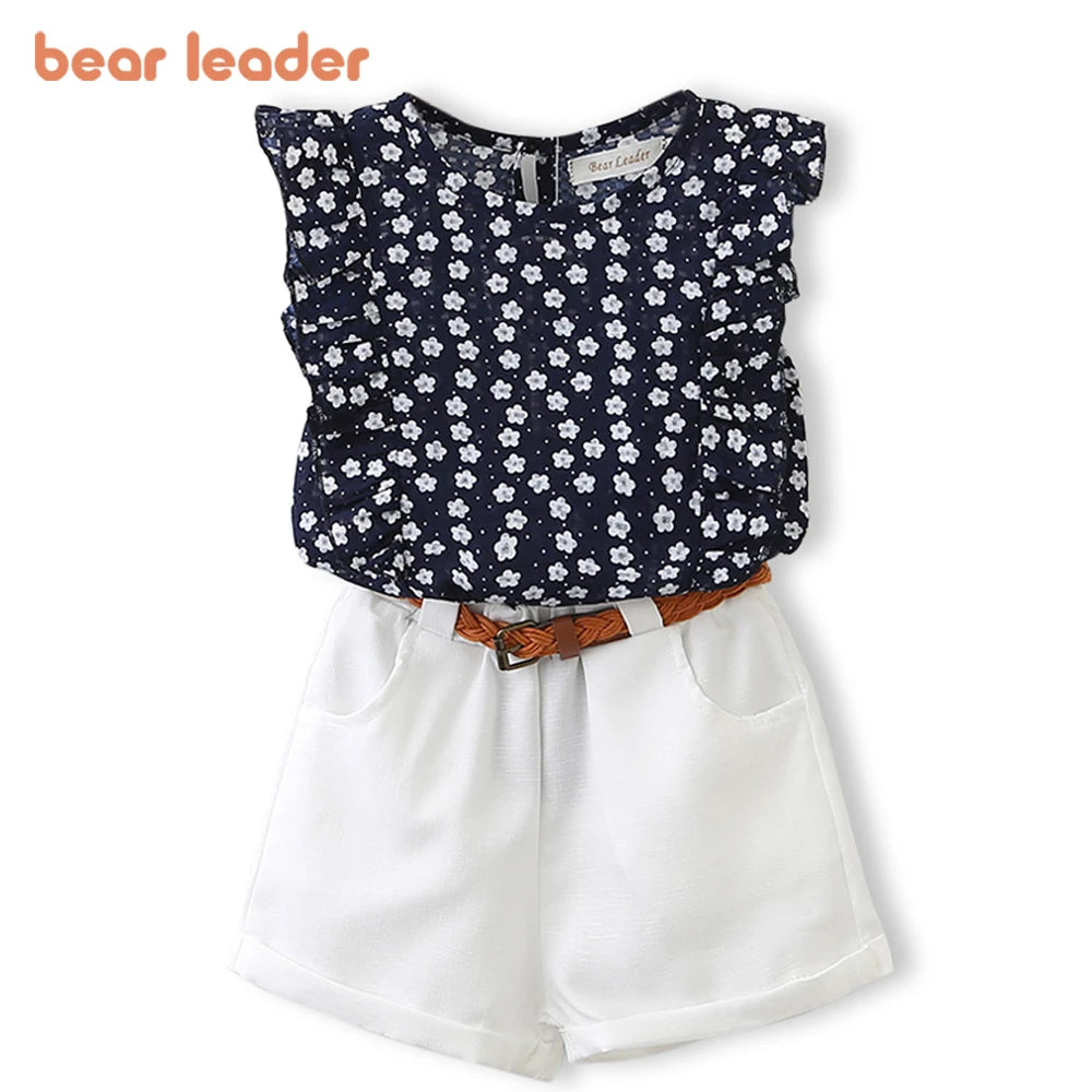 Bear Leader New Summer Casual Children Sets Chiffon Flowers Blue T-shirt Pants Girls Clothing Sets Kids Summer Set for 3-7 Years