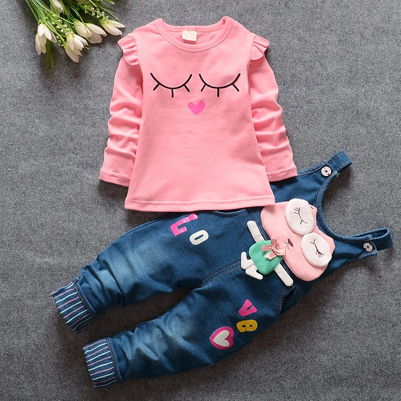 2023New Hot Spring Baby Girls Clothing Set Children Denim overalls jeans pants + Blouse Full Sleeve Twinset Kids Clothes Set