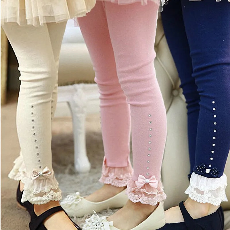 3T to 11T children girls spring autumn lace trim ruffle rhinestone leggings kids princess cotton casual skinny legging clothes