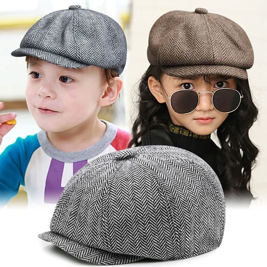 Autumn Winter Kids Hat For Girl And Boy Children Vintage Beret Caps Octagonal Clothes For Newborn Photography Props Child Hat